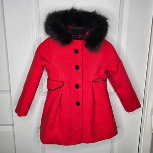 Cat & Jack Girls Red Button Front Jacket Black Faux Fur Lined Hood, Size 5T